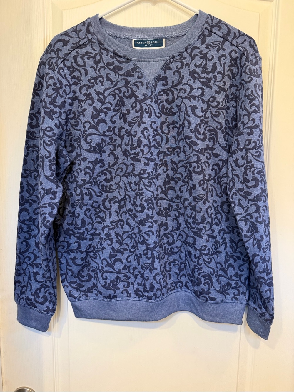 Karen Scott Sport Blue Damask Print Crewneck Sweatshirt